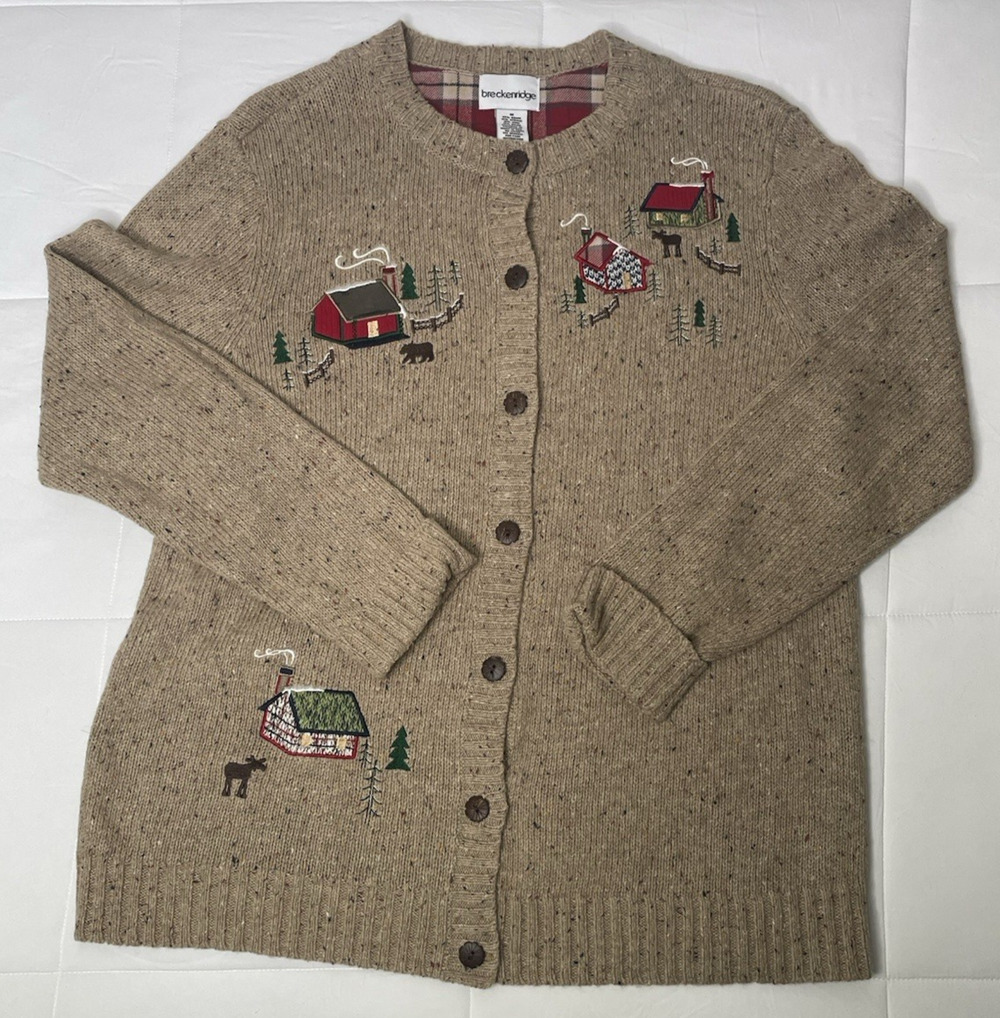 Breckenridge Cabin Bear Embroidered Cardigan Sweater Women M Wool Ramie